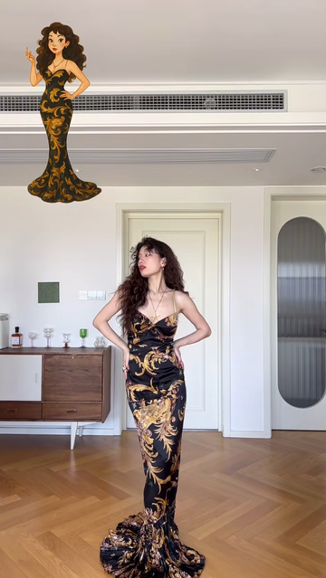 Classic Mermaid Spaghetti Strap Printed Floral Black Satin Prom Dress Wedding Guest Dress HZ1023